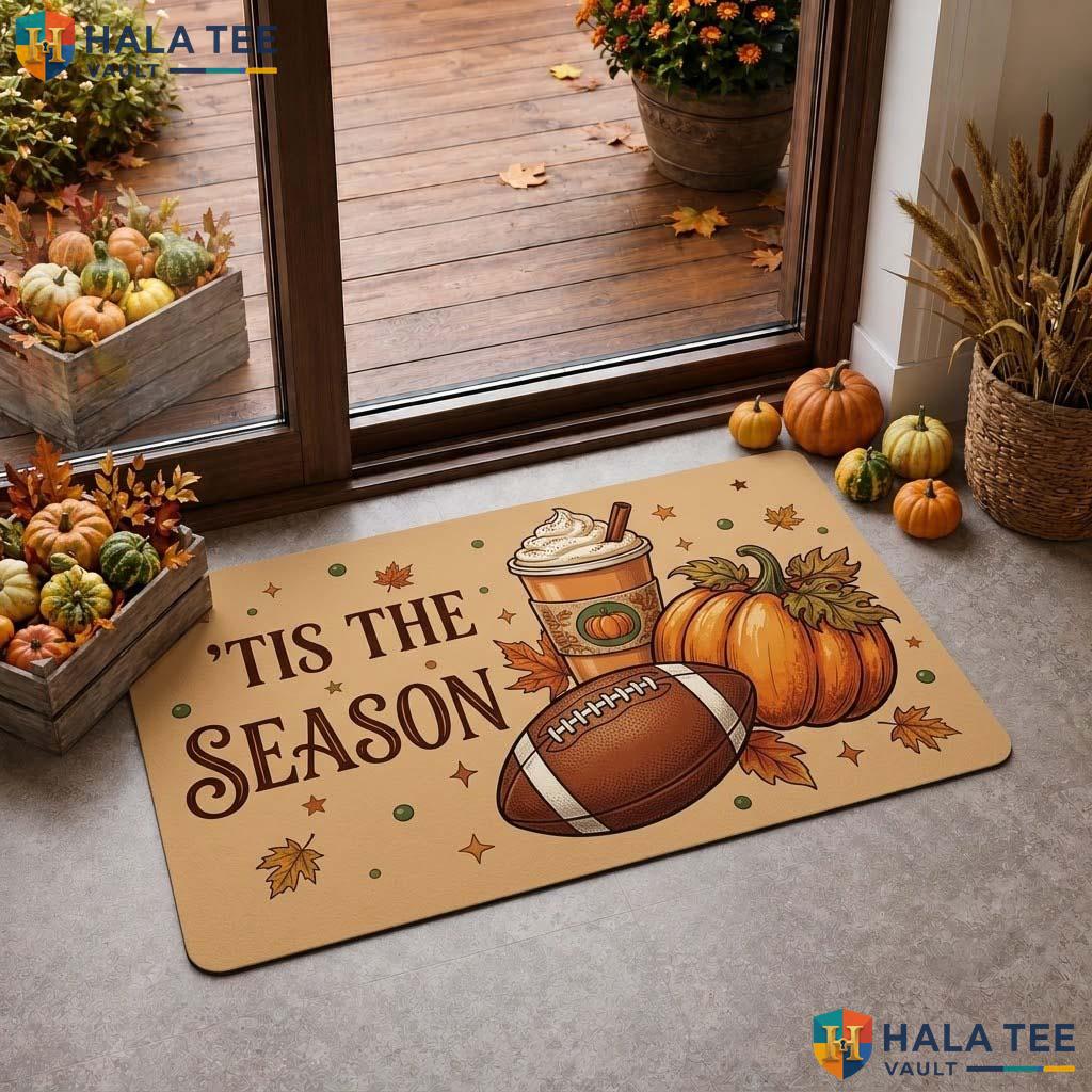Playful Autumn Football Doormat With Pumpkin And Coffee Cup For Cozy Home Entrance