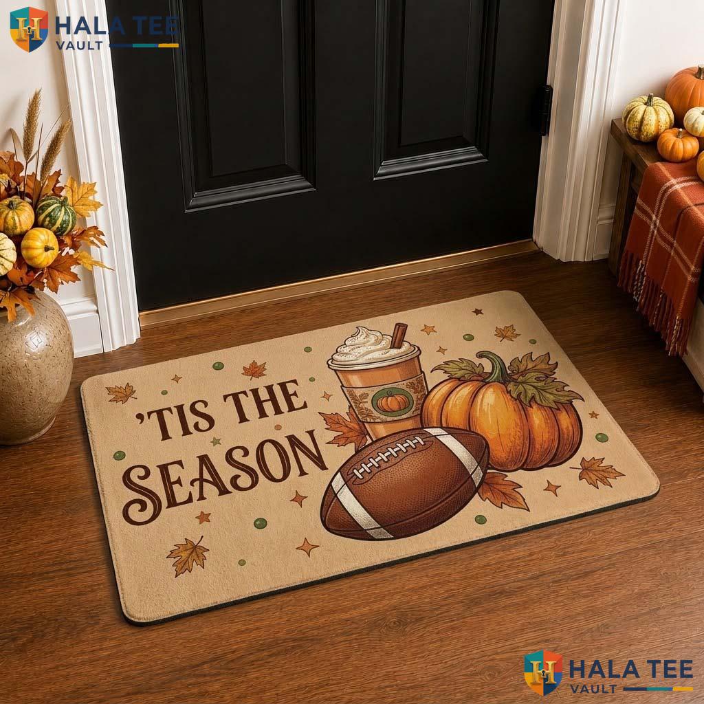 Playful Autumn Football Front door mat With Pumpkin And Coffee Cup For Cozy Home Entrance
