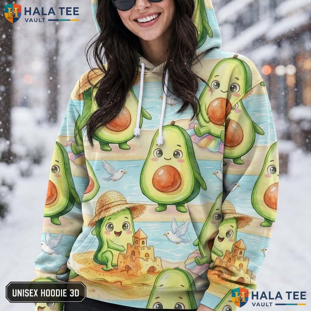 Playful Avocado Beach Thanksgiving 3D Printed Hoodie Fun Summer Cheerful Top