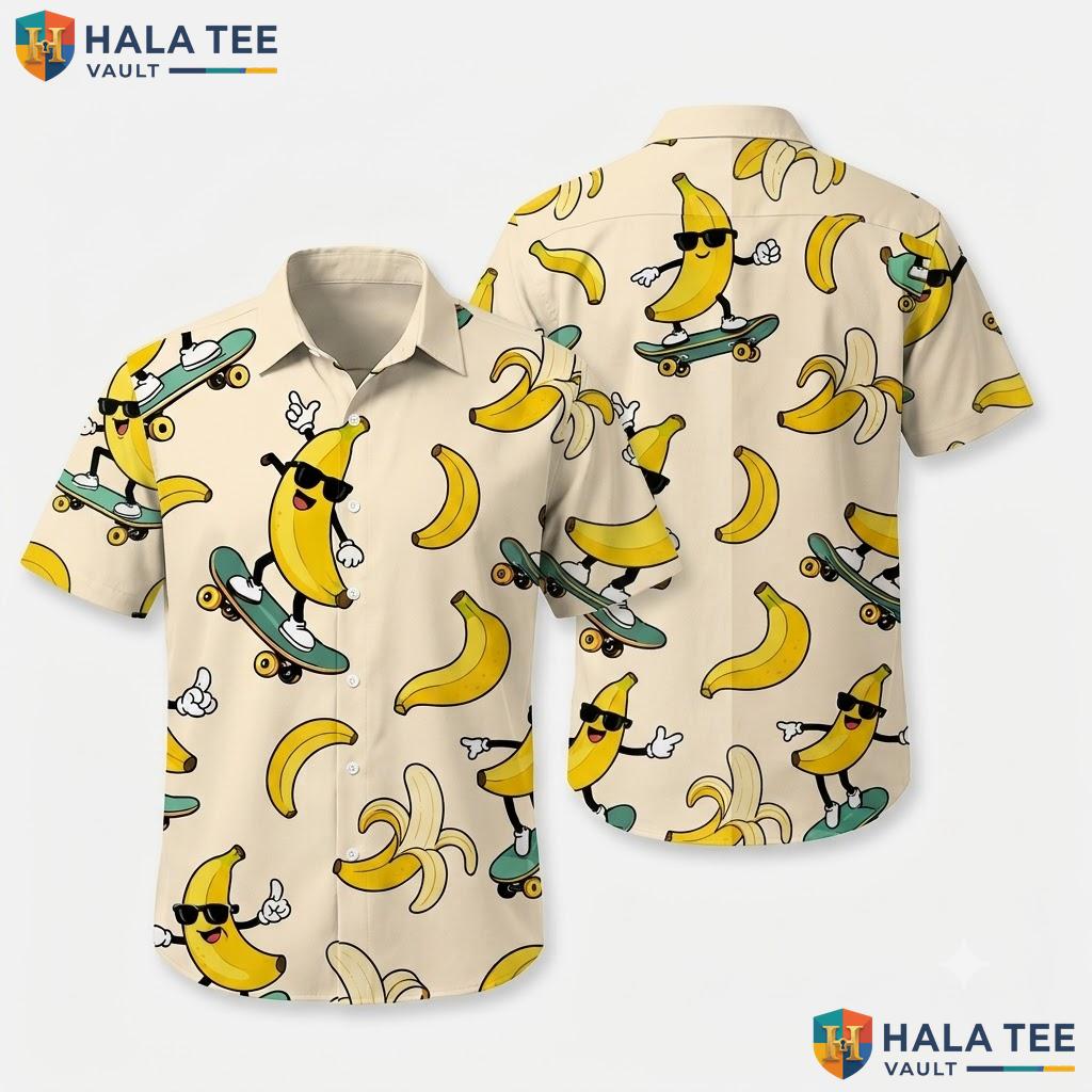 Playful Banana Graphic Hawaiian Shirt Casual Summer Beach Wear Top Men
