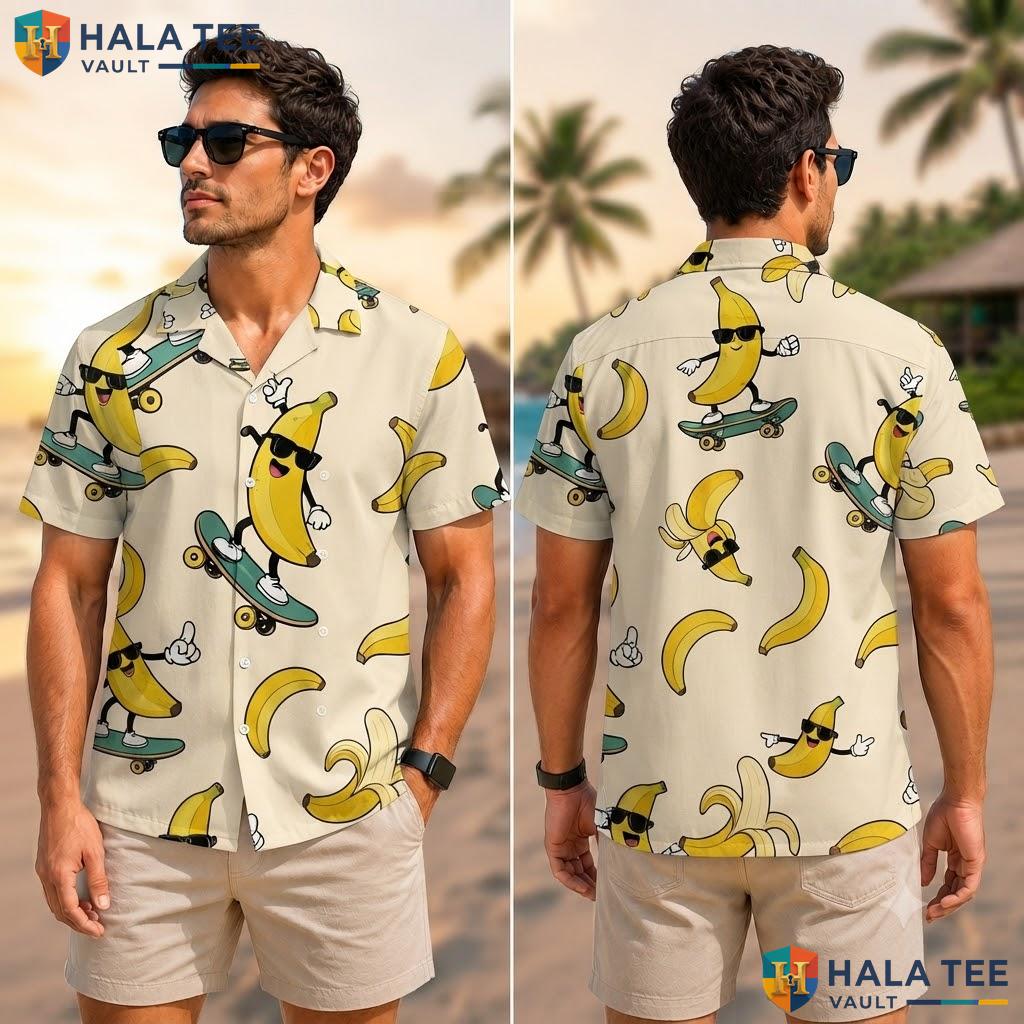 Playful Banana Graphic Hawaiian Shirt Casual Summer Beach Wear Top Men Adult