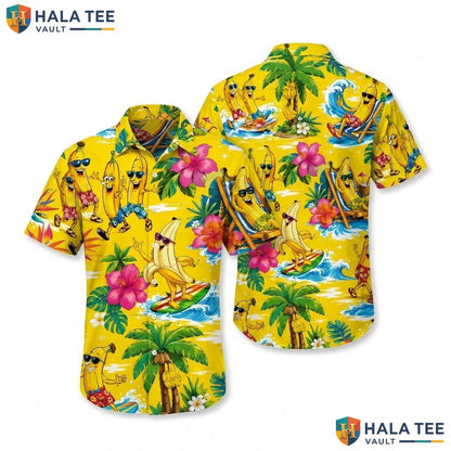 Playful Banana Hawaiian Shirt Multicoloured Summer Button Down Mens Top