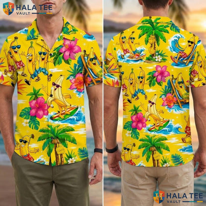 Playful Banana Hawaiian Shirt Multicoloured Summer Button Down Mens Top Adult