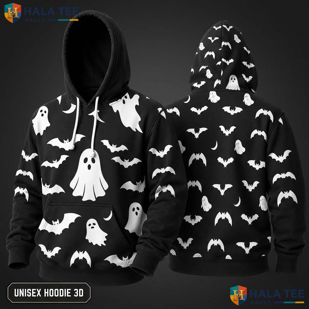 Playful Bat Ghost Graphic 3D Hoodie Trendy Casual Halloween Streetwear
