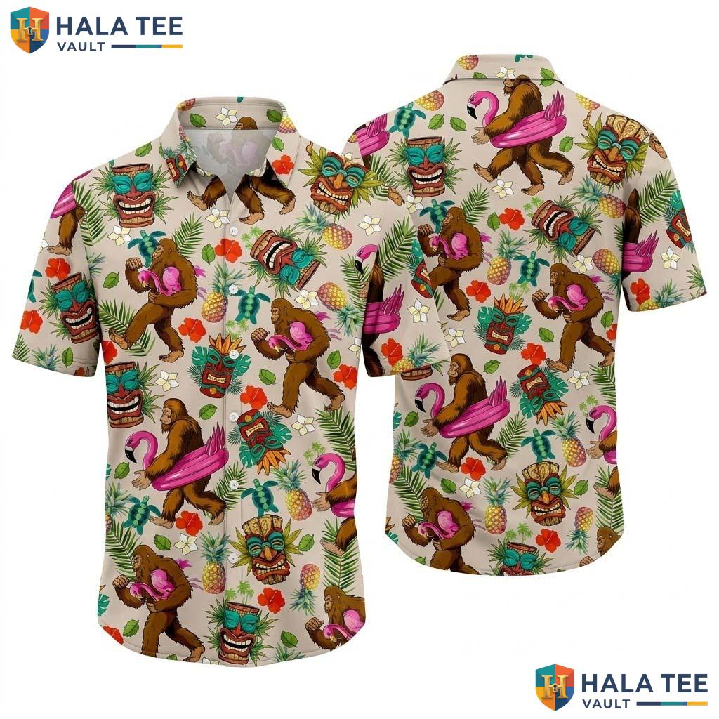 Playful Bigfoot Tropical Hawaiian Shirt Tiki Mask Flamingo Button Down Top