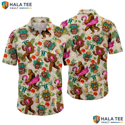 Playful Bigfoot Tropical Hawaiian Shirt Tiki Mask Flamingo Button Down Top