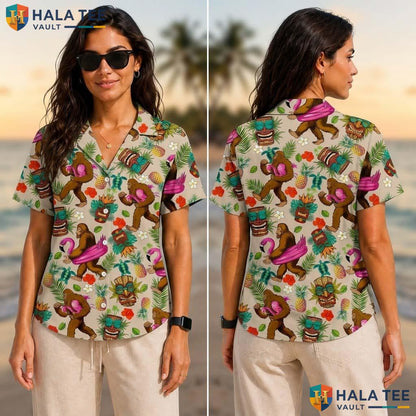 Playful Bigfoot Tropical Tropical Shirt Tiki Mask Flamingo Button Down Top