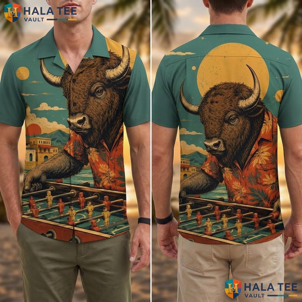 Playful Bison Foosball Hawaiian Shirt Bold Graphic Print Short Sleeve Top Adult