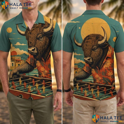 Playful Bison Foosball Hawaiian Shirt Bold Graphic Print Short Sleeve Top Adult