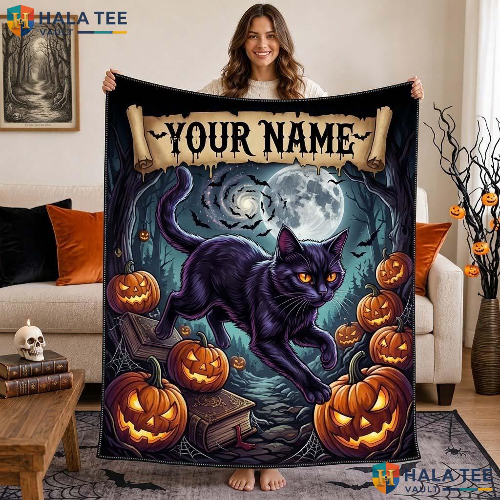 Playful Black Cat Halloween Blanket Custom Name Pumpkin Kids Throw