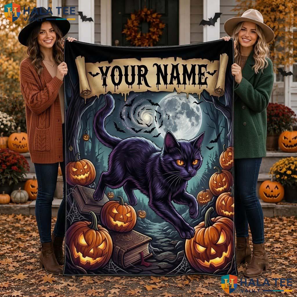 Playful Black Cat Halloween Blanket Custom Name Pumpkin Kids Throw