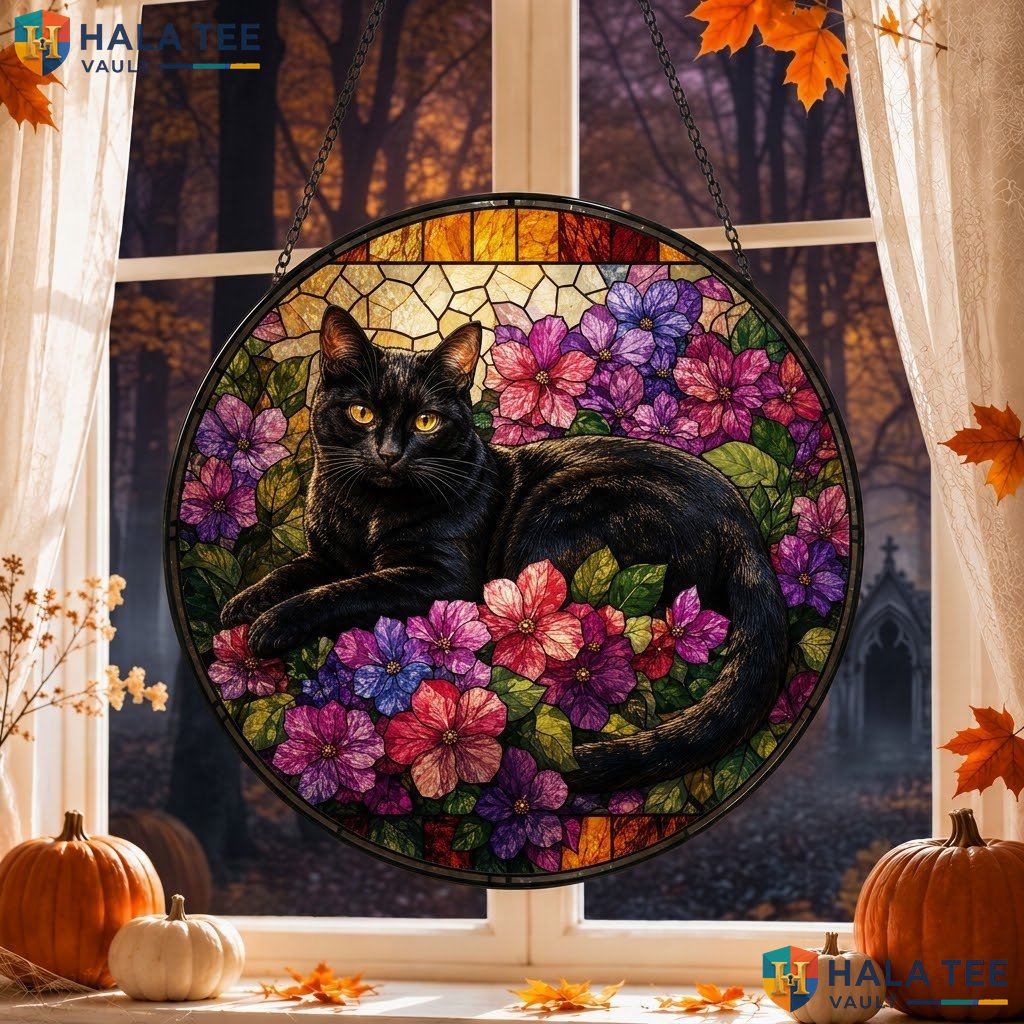 Playful Black Cat Halloween Stained Glass Suncatcher Spooky Vibrant Floral Art