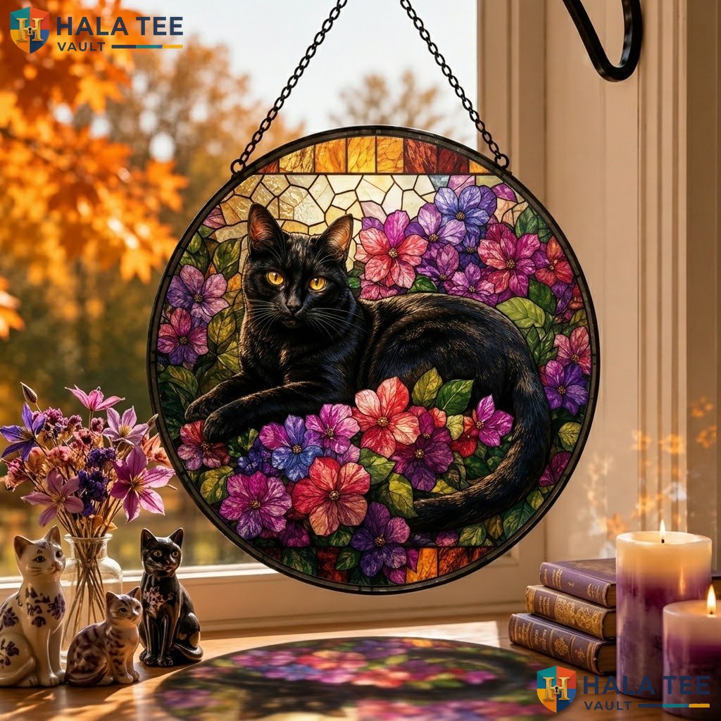 Playful Black Cat Halloween Stained Glass Suncatcher Spooky Vibrant Floral Art Adult