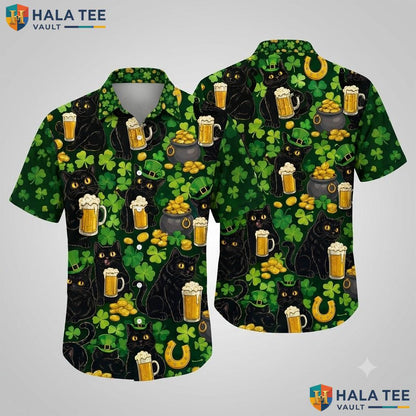 Playful Black Cat Hawaiian Shirt Funny St Patricks Day Leprechaun Top