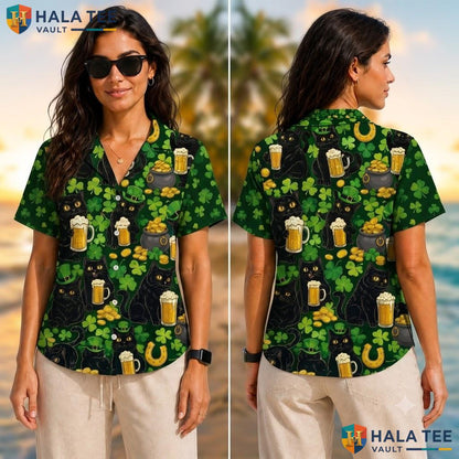 Playful Black Cat Hawaiian Shirt Funny St Patricks Day Leprechaun Top Adult