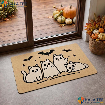 Playful Cat Halloween Doormat Cute Ghost Spooky Bat Welcome Entrance Rug
