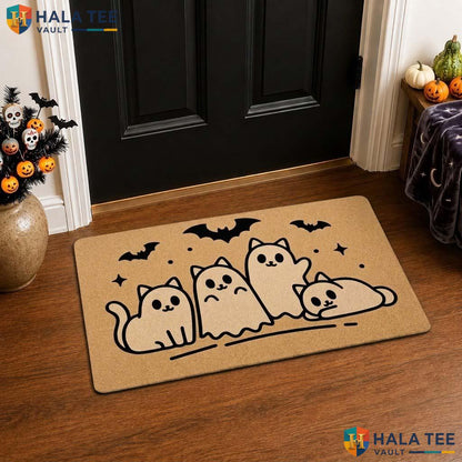 Playful Cat Halloween Front door mat Cute Ghost Spooky Bat Welcome Entrance Rug