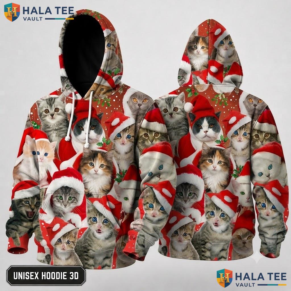 Playful Cats Santa Hats Christmas 3D Hoodie Cute Festive Pullover
