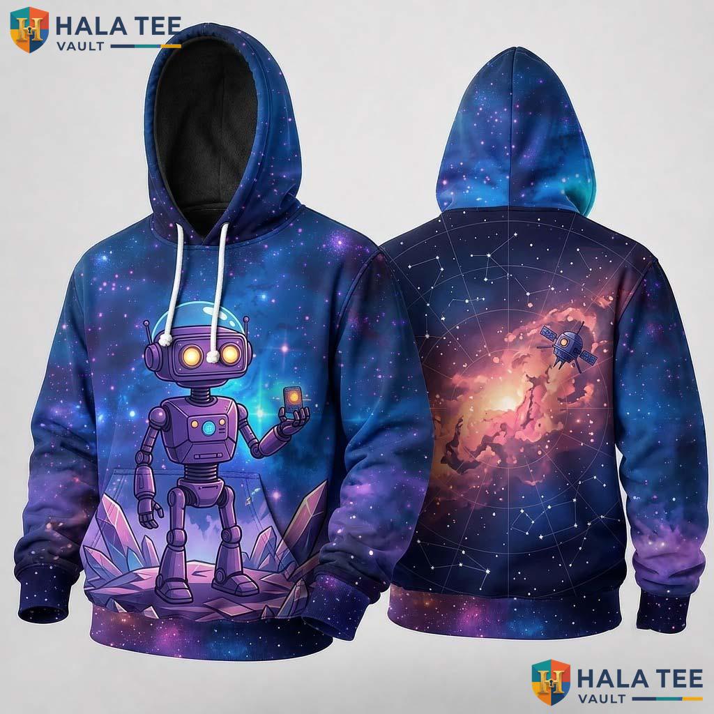 Playful Cosmic Space Robot 3D Hoodie Whimsical Colorful Graphic Apparel