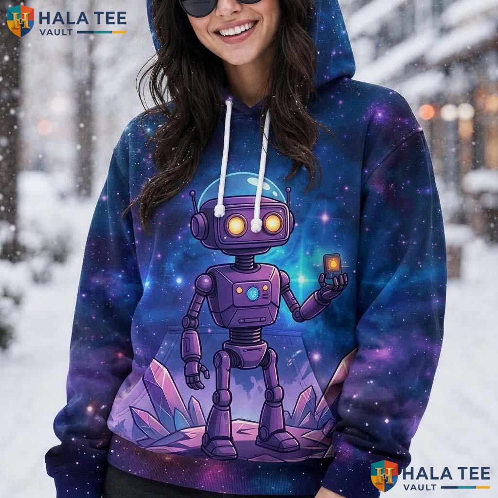Playful Cosmic Space Robot 3D Printed Hoodie Whimsical Colorful Graphic Apparel