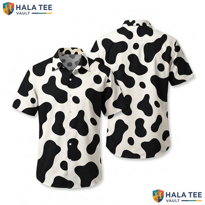 Playful Cow Print Hawaiian Shirt Fun Short Sleeve Button Down Summer Outing