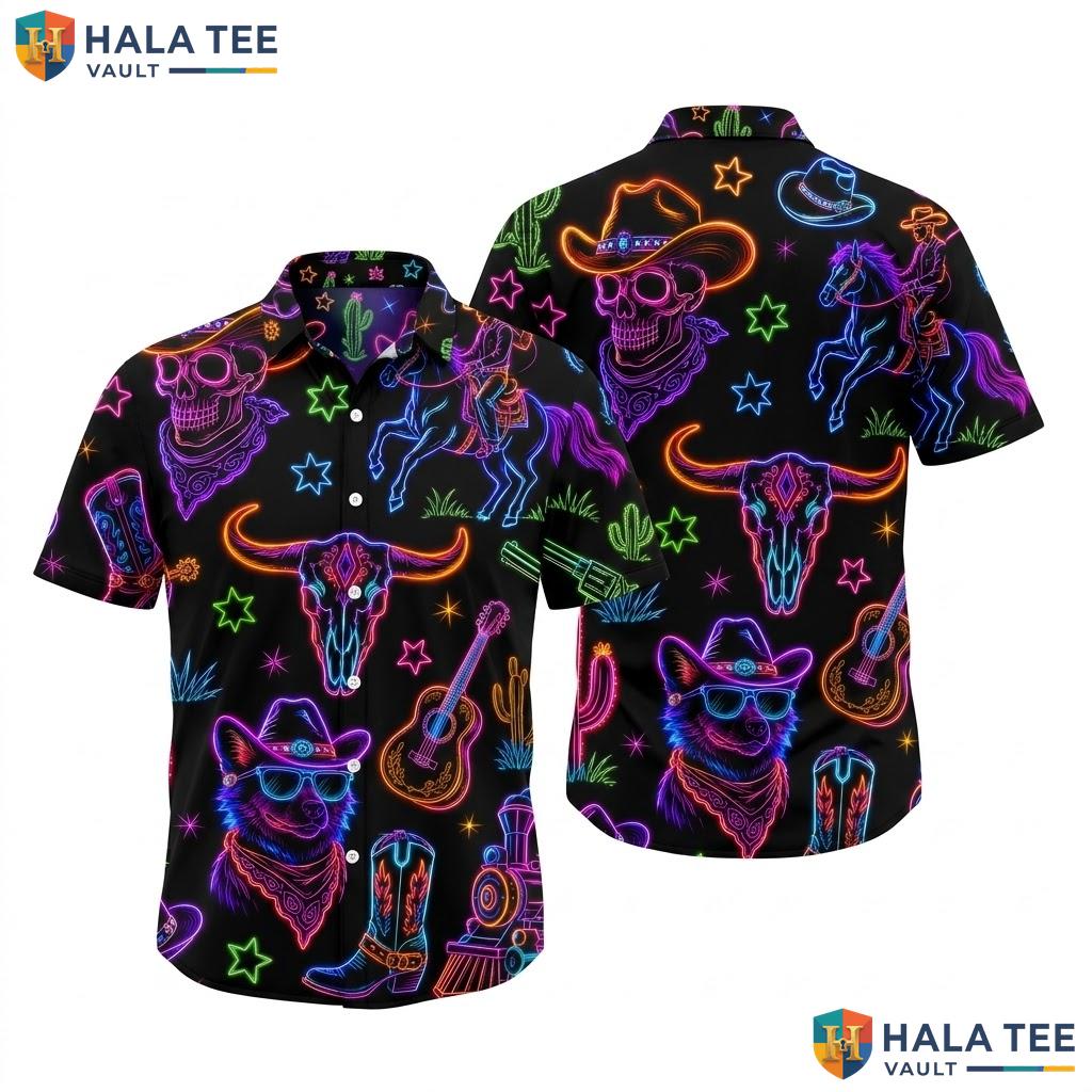 Playful Cowboy Skull Hawaiian Shirt Vintage Western Graphic Summer Button Down