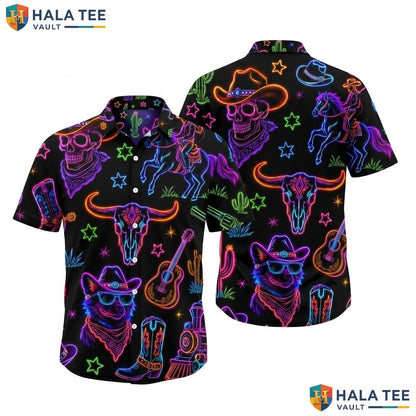Playful Cowboy Skull Hawaiian Shirt Vintage Western Graphic Summer Button Down