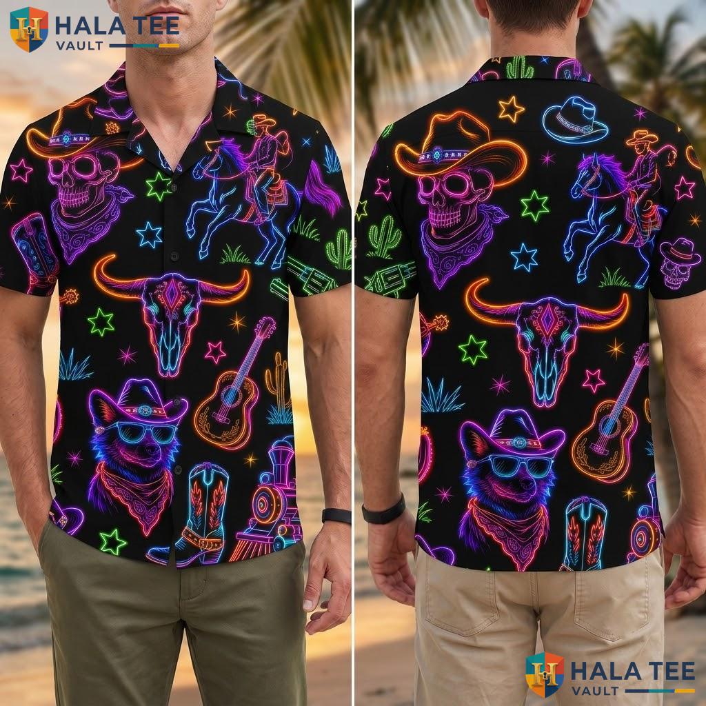 Playful Cowboy Skull Hawaiian Shirt Vintage Western Graphic Summer Button Down Adult