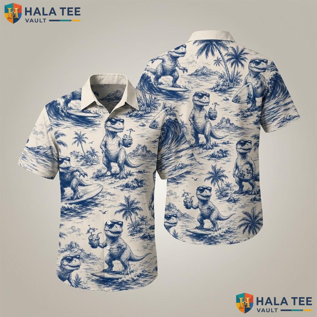 Playful Dinosaur Aloha Shirt Casual Summer Button Down Short Sleeve Apparel