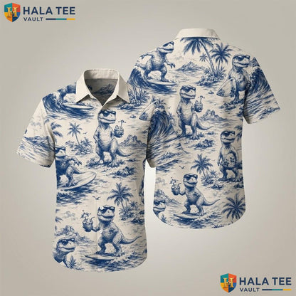 Playful Dinosaur Aloha Shirt Casual Summer Button Down Short Sleeve Apparel