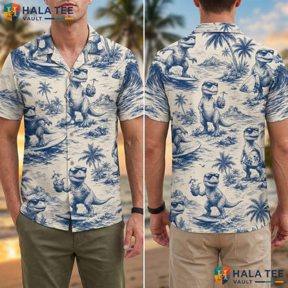 Playful Dinosaur Aloha Shirt Casual Summer Button Down Short Sleeve Apparel Adult
