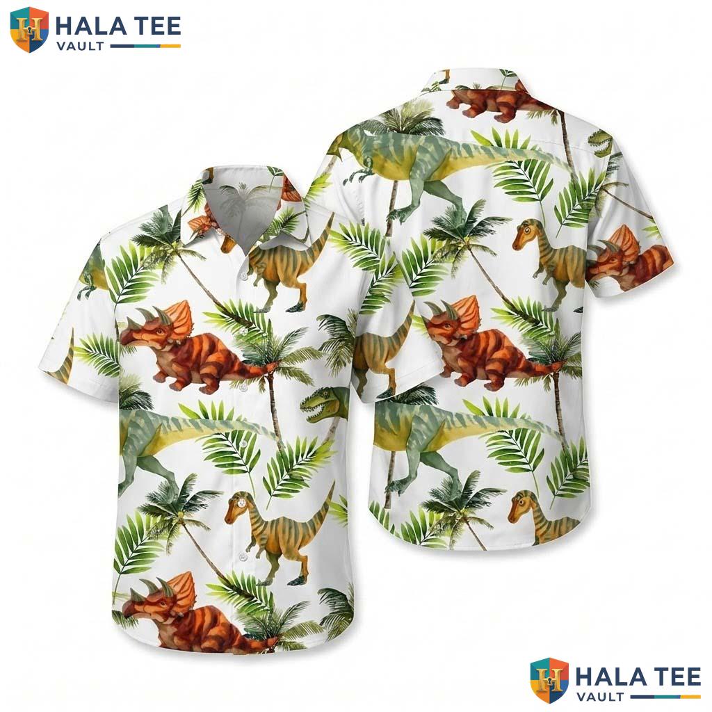 Playful Dinosaur Hawaiian Shirt Vibrant Tropical Print For Boys T Rex Top