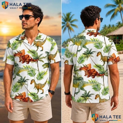 Playful Dinosaur Tropical Shirt Vibrant Tropical Print For Boys T Rex Top