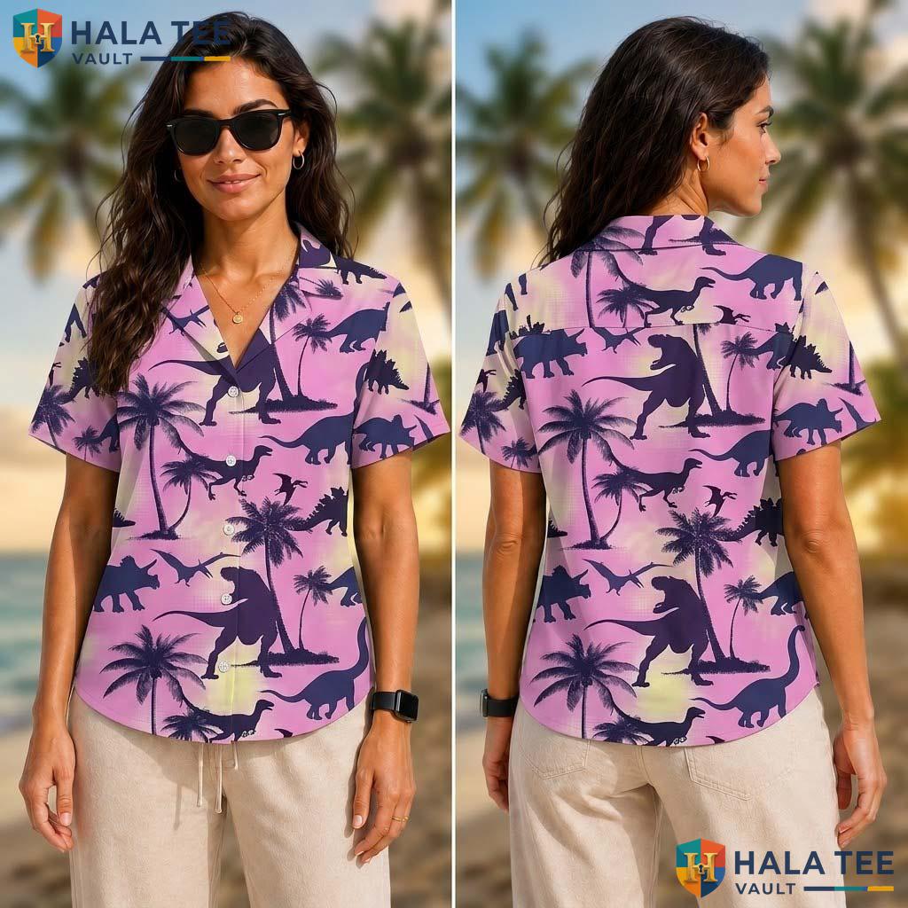 Playful Dinosaur Lover Tropical Shirt Vibrant T Rex Pterosaur Graphic Top