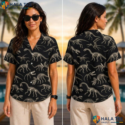 Playful Dinosaur Skeleton Hawaiian Shirt Black White Graphic Button Down