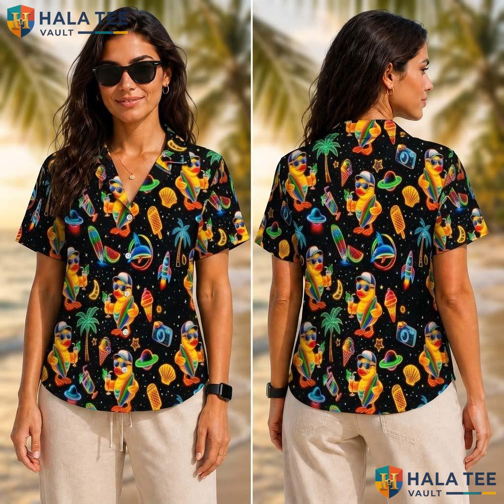 Playful Duck Tropical Tropical Shirt Funny Vacation Short Sleeve Button Down