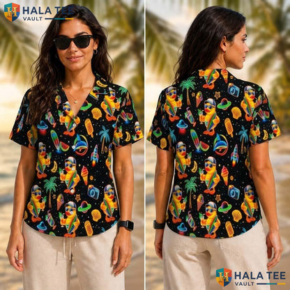 Playful Duck Tropical Tropical Shirt Funny Vacation Short Sleeve Button Down