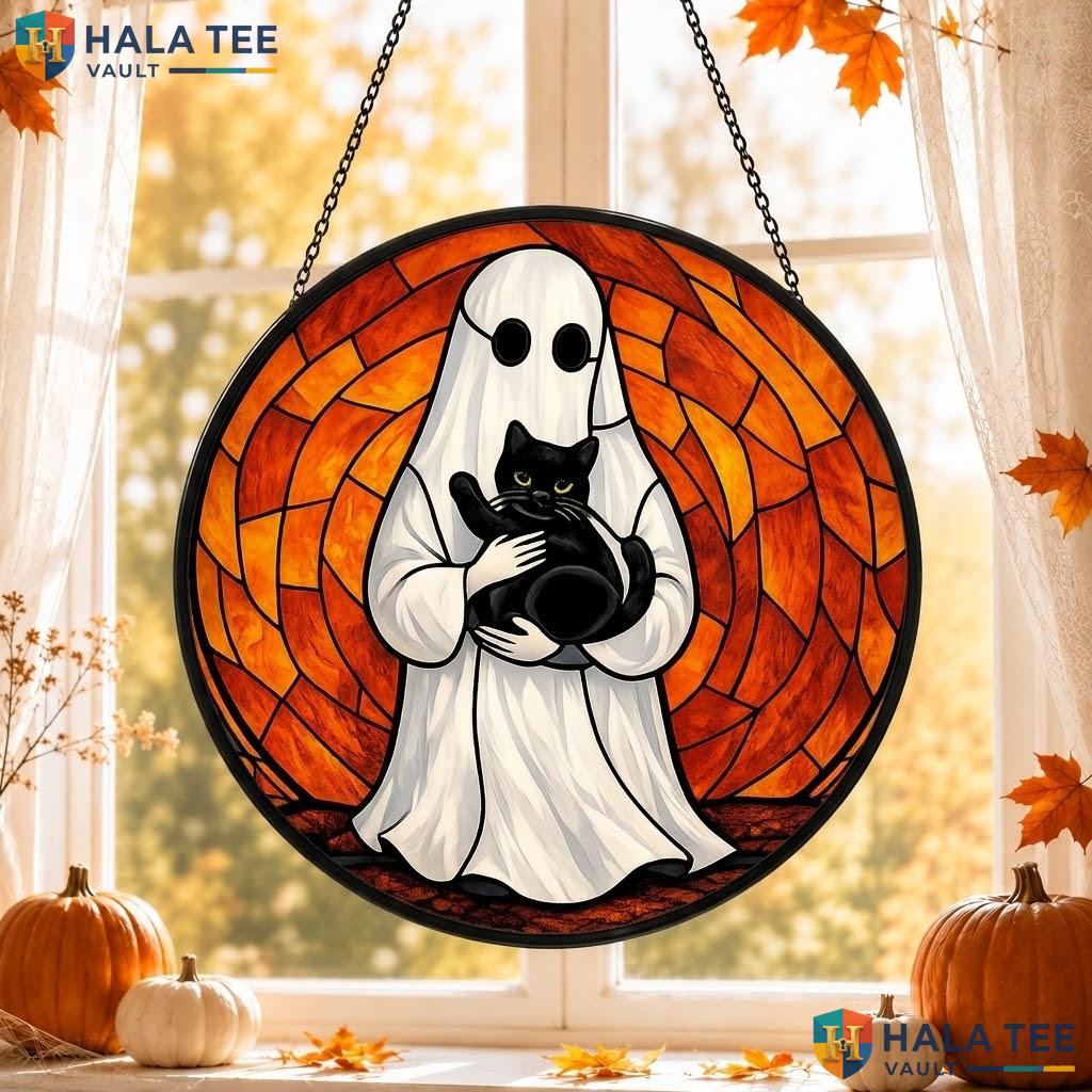 Playful Ghost Cat Stained Glass Suncatcher, Whimsical Halloween Decor For Cat Lovers