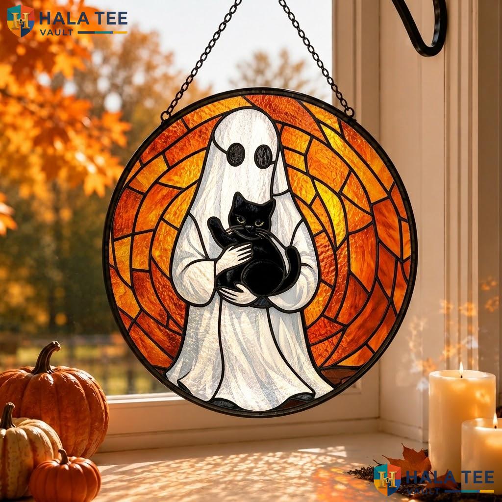 Playful Ghost Cat Stained Glass Suncatcher, Whimsical Halloween Decor For Cat Lovers Adult