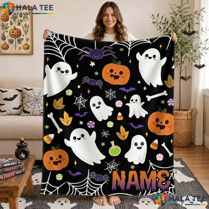 Playful Ghost Halloween Blanket Custom Name Kids Cozy Pumpkin Throw