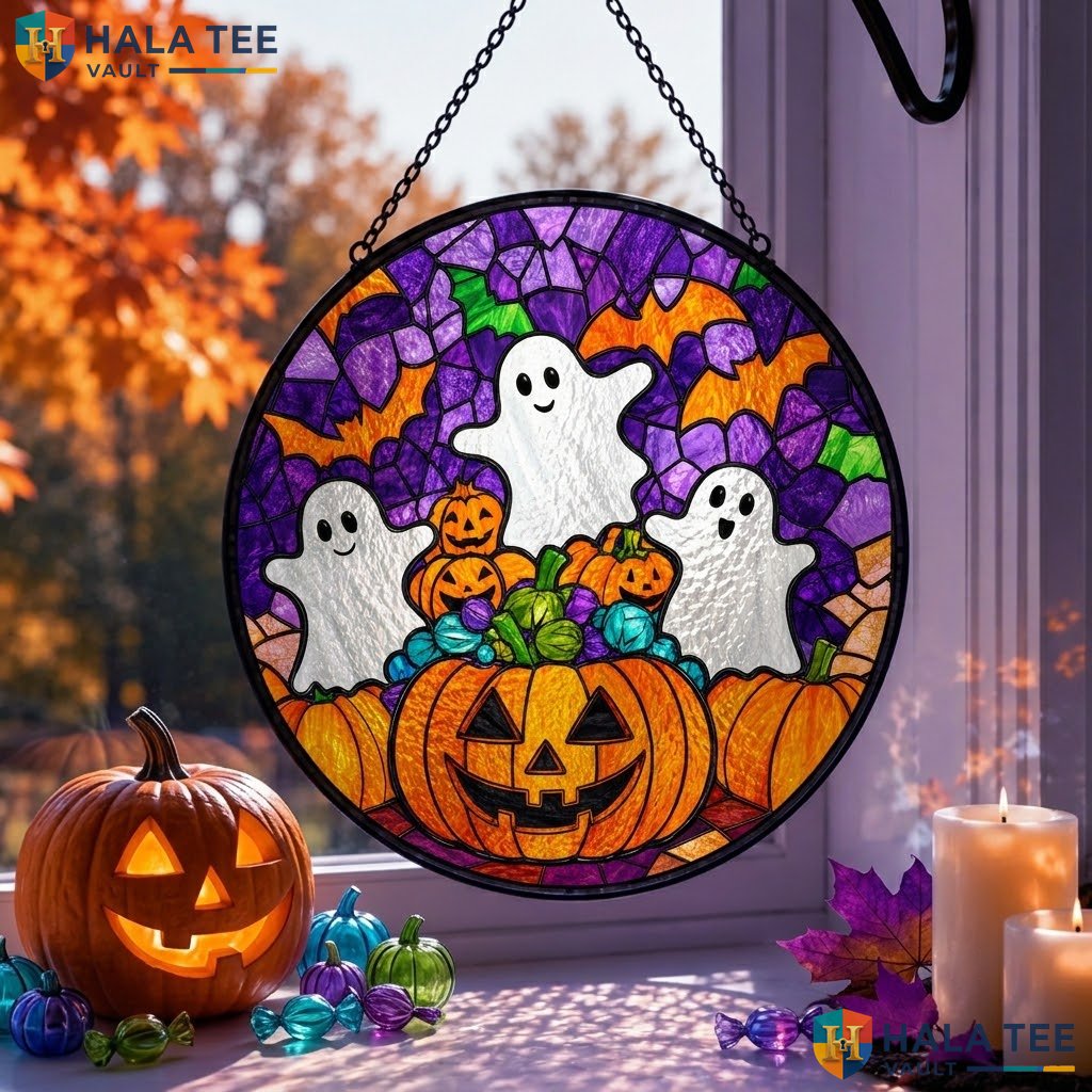 Playful Ghost Halloween Stained Glass Suncatcher Whimsical Pumpkin Leaf Accent