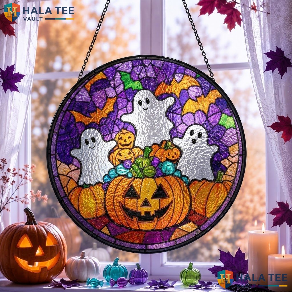 Playful Ghost Halloween Stained Glass Suncatcher Whimsical Pumpkin Leaf Accent Adult