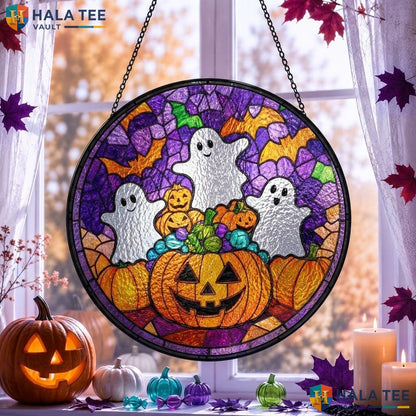 Playful Ghost Halloween Stained Glass Suncatcher Whimsical Pumpkin Leaf Accent Adult