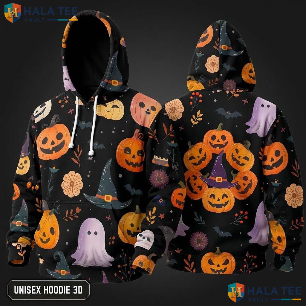 Playful Ghost Pumpkin 3D Hoodie Cute Graphic Halloween Sweatshirt Men