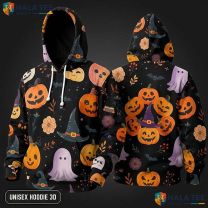 Playful Ghost Pumpkin 3D Hoodie Cute Graphic Halloween Sweatshirt Men