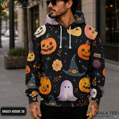 Playful Ghost Pumpkin 3D Printed Hoodie Cute Graphic Halloween Sweatshirt Men