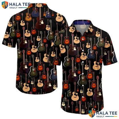 Playful Guitar Lover Hawaiian Shirt Vibrant Acoustic Guitar Print Button Up