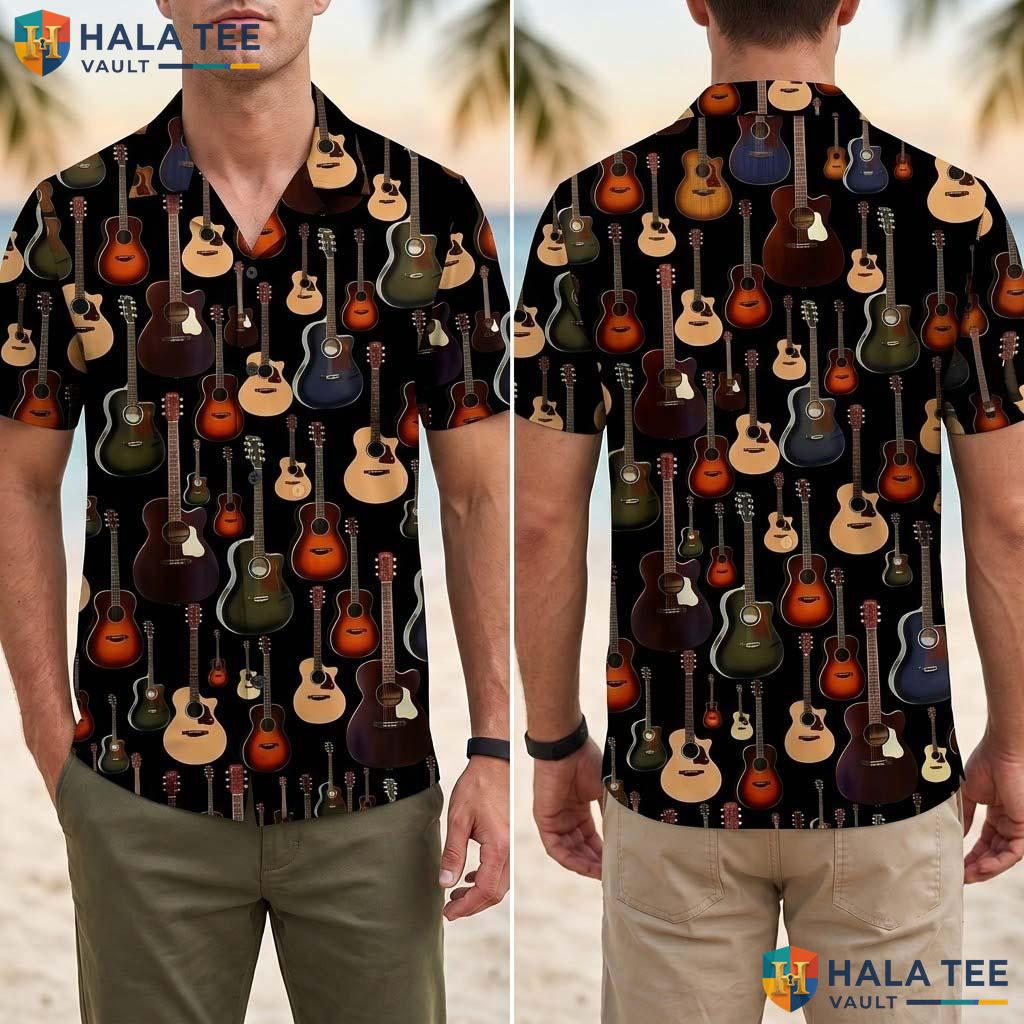 Playful Guitar Lover Tropical Shirt Vibrant Acoustic Guitar Print Button Up
