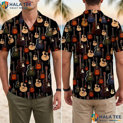 Playful Guitar Lover Tropical Shirt Vibrant Acoustic Guitar Print Button Up