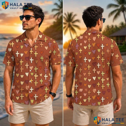 Playful Heart Pattern Tropical Shirt Faith Lover Casual Summer Button Up Top